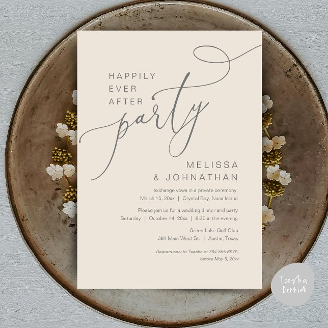 Afortunadamente Después De La Invitación Del Fiest (Happily Ever After Wedding Elopement Dinner Party Invitation Card, PDF, Classy Cream and Grey)