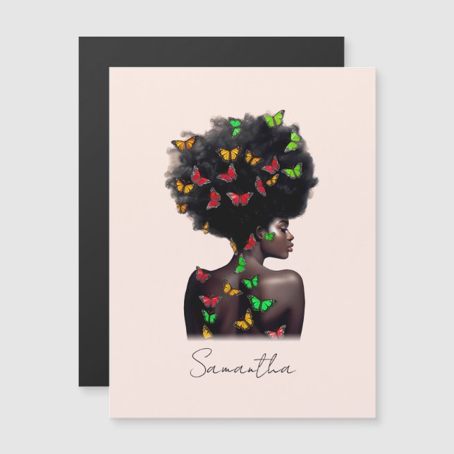 Afroamericana con afro relleno de mariposa (Anverso/Reverso)