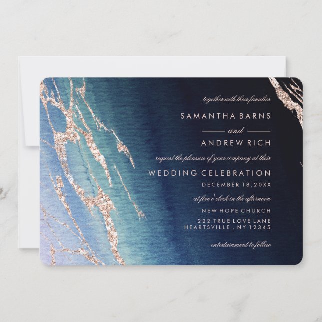 Agate azul marino e invitaciones a la boda de oro  (Anverso)