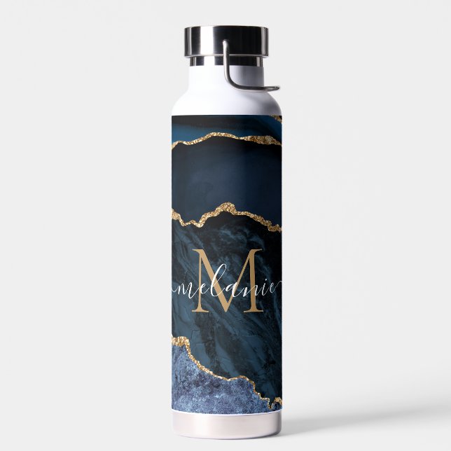 Agate Blue Gold Marble Nombre Letra botella de agu (Izquierdo)