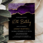 Agate de oro morado 40.ª invitación de cumpleaños<br><div class="desc">Esta elegante invitación a la fiesta de cumpleaños número 40 presenta una acuarela de un ágate gede en tonos violeta con falsos toques de purpurina de oro. Las palabras "40th Birthday" aparecen en escritura moderna de color dorado. Personalizar con el nombre del honorario en un texto de color dorado y...</div>