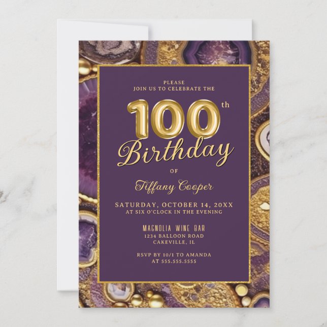 Agate de oro morado Invitación a cumplir 100 años (Anverso)