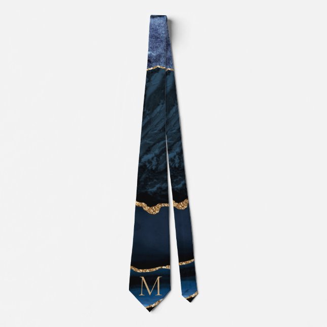 Agate Navy Blue Gold Gemstone Monograma Corbata (Anverso)