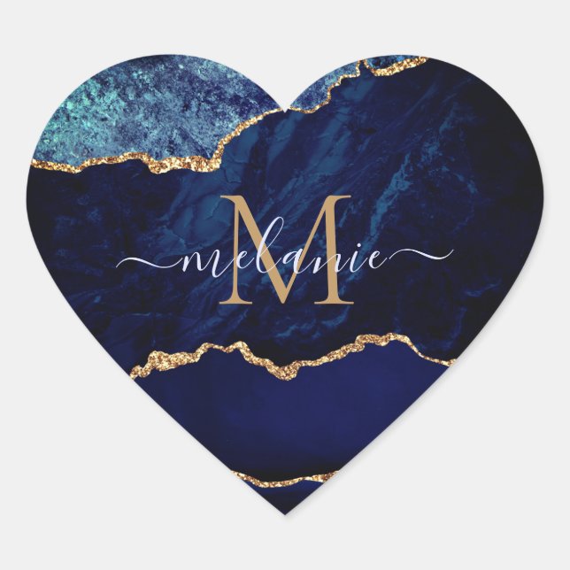 Agate Navy Blue Gold Marble Nombre letra Pegatina (Anverso)