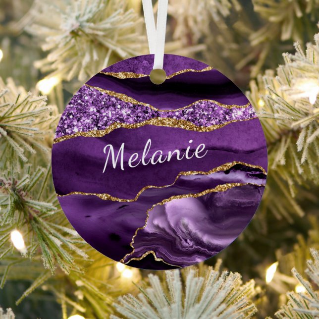 Agate Purple Gold Custom Name Ornamento de Navidad