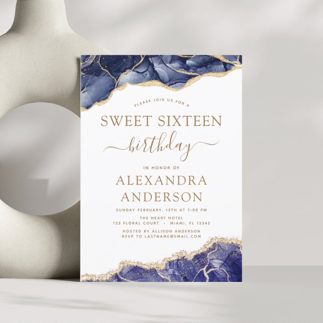 Agate Sweet 16 Invitación de oro azul de la Marina (Subido por el creador)