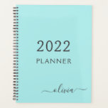 Agenda 2022 Azul Acuático Verde Claro Nombre de Monograma<br><div class="desc">2022 Azul Acuático Verde Claro Monograma Agregue su Propio Nombre de Letra Script Planificador de Eventos de Boda Calendario 2021. Esto hace el regalo perfecto de cumpleaños número 16, boda, despedida de soltera, aniversario, baby shower o fiesta de despedida para alguien que ama el glamour de lujo y los estilos...</div>