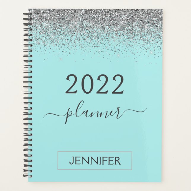 Agenda 2022 Azul Teal Plateado Glitter Monograma Mujer (Anverso)