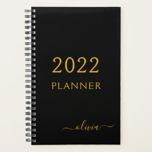 Agenda 2022 Black Gold Girly Script Monograma Nombre mode