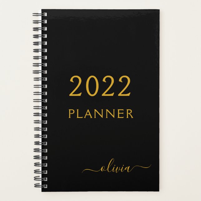 Agenda 2022 Black Gold Girly Script Monograma Nombre mode (Anverso)