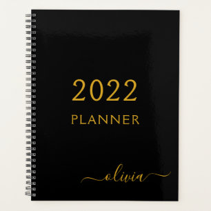 Agenda 2022 Black Gold Girly Script Monograma Nombre mode