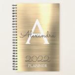 Agenda 2022 Dorado Metálico Monograma Elegante<br><div class="desc">2022 Planificador de Cuaderno en Espiral de Monograma Dorado Metálico y Nombre e Inicial. Esto hace el regalo perfecto para cumpleaños dulces 16,  boda,  despedida de soltera,  aniversario,  baby shower o fiesta de soltera para alguien que ama el lujo glamoroso y los estilos chic.</div>