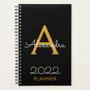 Agenda 2022 Dorado Negro Monograma Elegante