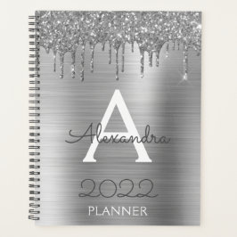 Agenda 2022 Glitter Plateado Glam Monograma Moderno