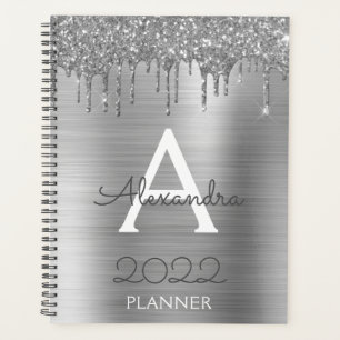 Agenda 2022 Glitter Plateado Glam Monograma Moderno