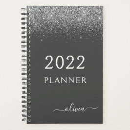 Agenda 2022 Gris Plata Monograma de Nombre con Brillo Fem