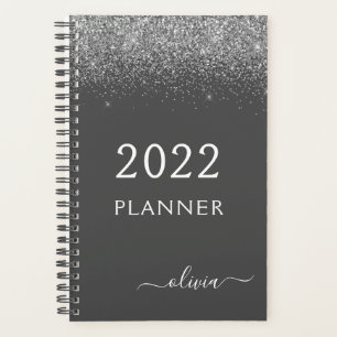 Agenda 2022 Gris Plata Monograma de Nombre con Brillo Fem