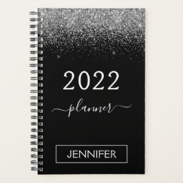 Agenda 2022 Monograma Brillante Negro Plateado Femenino