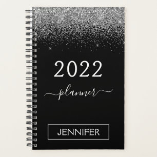 Agenda 2022 Monograma Brillo Negro Plateado Femenino