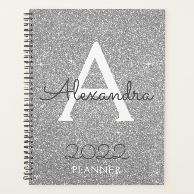 Agenda 2022 Monograma de brillo plateado (Anverso)