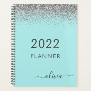 Agenda 2022 Monograma de lentejuelas azul aguamarina plat