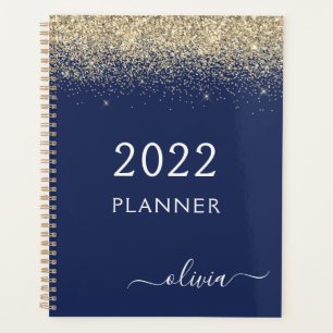 Agenda 2022 Monograma de lentejuelas doradas y azules
