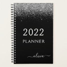 Agenda 2022 Monograma de lentejuelas negras plateadas Gla