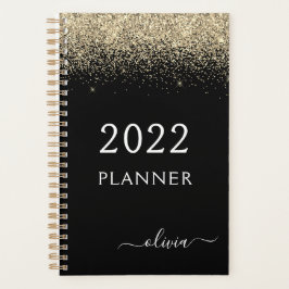 Agenda 2022 Monograma de purpurina negra dorada Glam