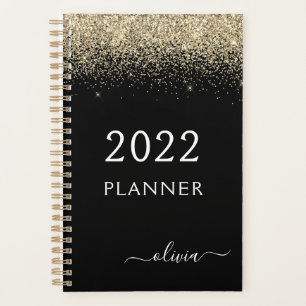Agenda 2022 Monograma de purpurina negra dorada Glam