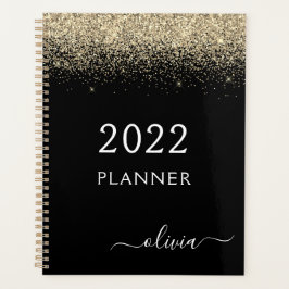 Agenda 2022 Monograma de purpurina negra dorada Glam