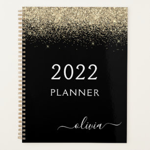 Agenda 2022 Monograma de purpurina negra dorada Glam