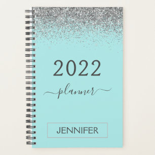 Agenda 2022 Monograma Glitter Azul Acuático Verde Teal Pl