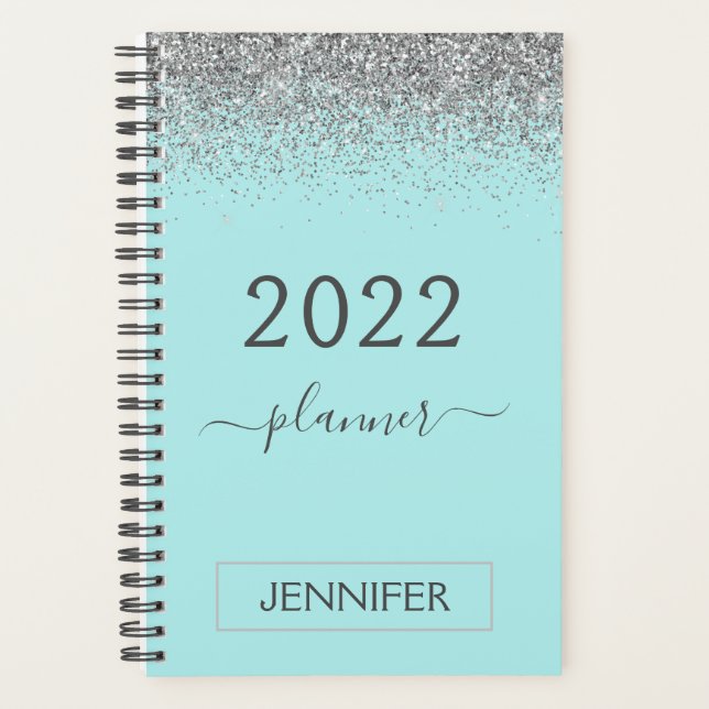 Agenda 2022 Monograma Glitter Azul Teal Plateado Femenina (Anverso)