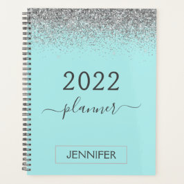 Agenda 2022 Monograma Glitter Azul Teal Plateado Femenino