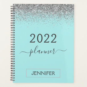 Agenda 2022 Monograma Glitter Azul Teal Plateado Femenino