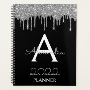 Agenda 2022 Monograma moderno de brillo negro plateado