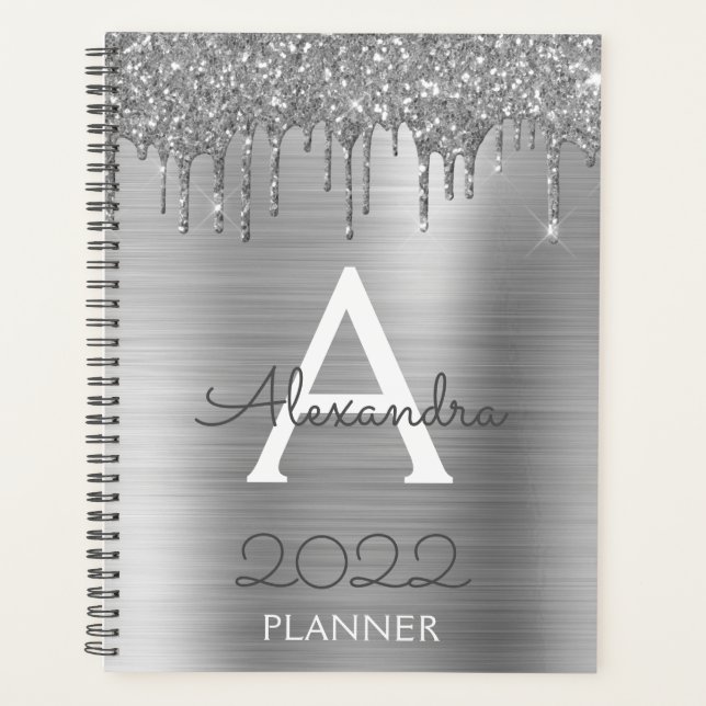 Agenda 2022 Monograma moderno glam plata brillo (Anverso)