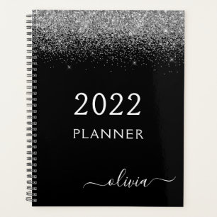 Agenda 2022 Monograma Moderno Lujo Negro Brillo Plateado