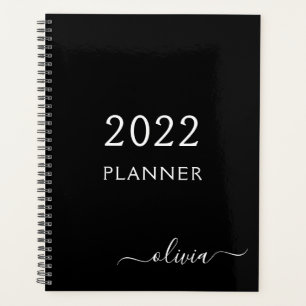 Agenda 2022 Negro Blanco Script Monograma Nombre Moderno