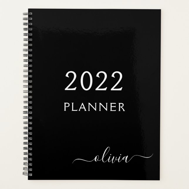 Agenda 2022 Negro Blanco Script Monograma Nombre Moderno (Anverso)