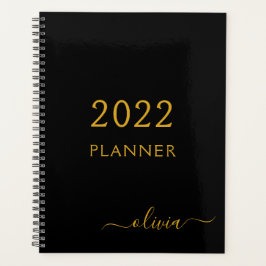 Agenda 2022 Negro Oro Girly Monograma Nombre Moderno