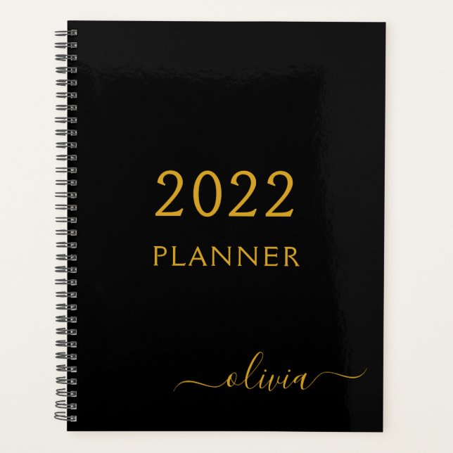 Agenda 2022 Negro Oro Girly Monograma Nombre Moderno (Anverso)