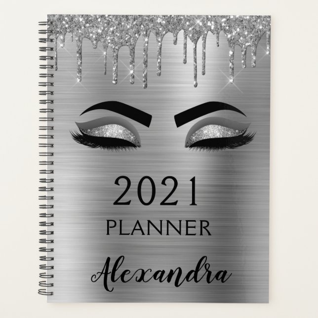 Agenda 2022 Pestañas Destello Brillo Plateado Glam (Anverso)