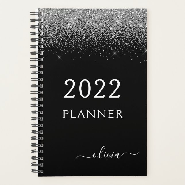 Agenda 2022 Plata Negro Brillo Purpurina Glam Monograma (Anverso)