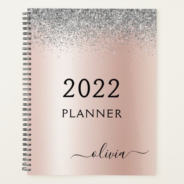 Agenda 2022 Rosa Dorado Glitter Monograma Rosa Plata (Anverso)