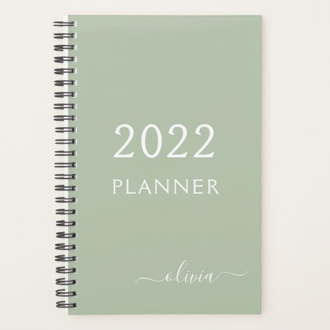 Agenda 2022 Sage Green Girly Script Monograma Planner (Anverso)