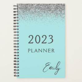 Agenda 2023 Azul Acuático Plateado Brillo Monograma