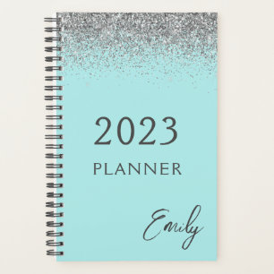 Agenda 2023 Azul Acuático Plateado Brillo Monograma
