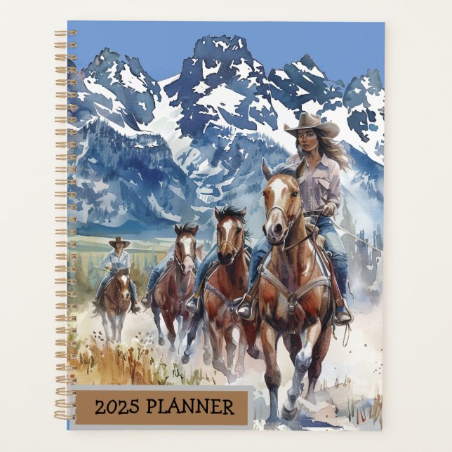 Agenda 2025 Planner con un tema occidental de cowgirl. (Anverso)