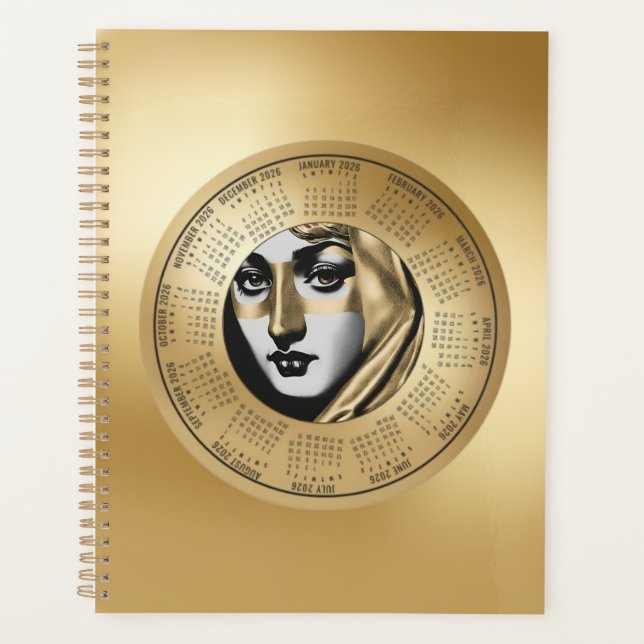 Agenda 2026 Calendar Woman’s Face in Black and Gold (Anverso)